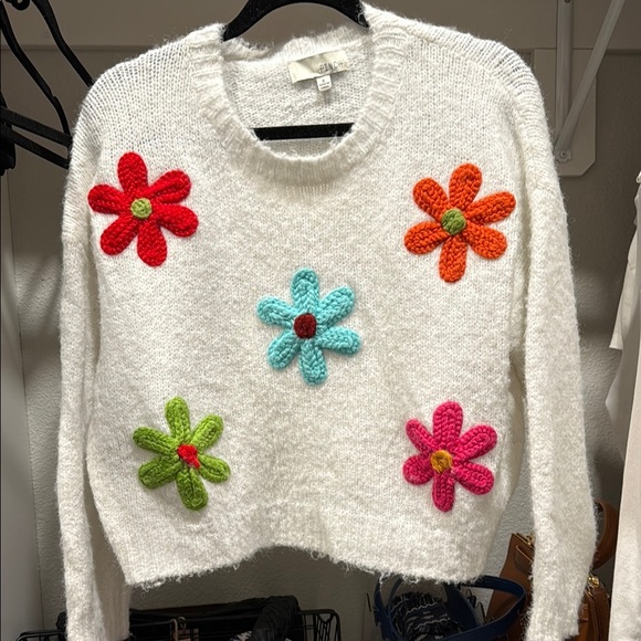 White Sweater with Colorful Floral Accents sz s - Picture 1 of 6